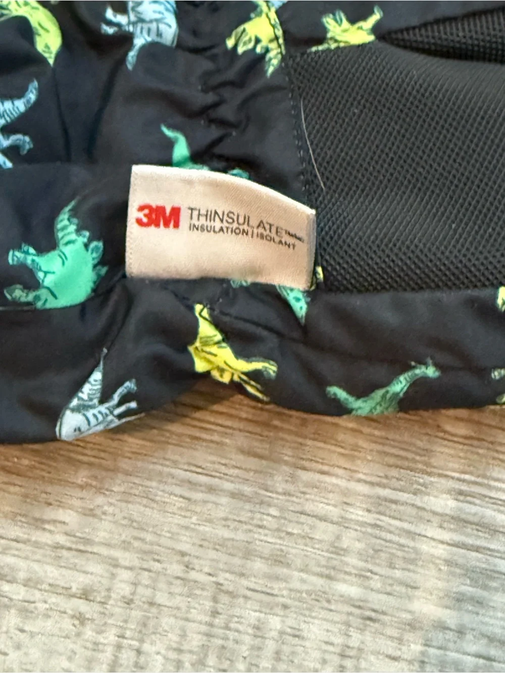3M Thinsulate Black Kids One-Piece Mittens with Green and Yellow Dino Print
